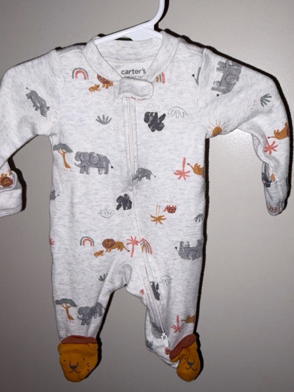 Carter's Gray Animal Print Footed Pajamas with Orange Lion Feet